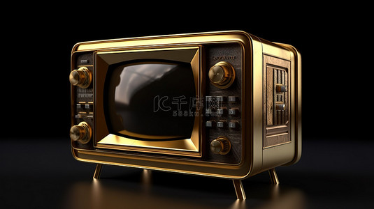 看电视背景图片_优雅的复古金色电视显示在时尚的黑色背景上，引人注目的 3D 渲染