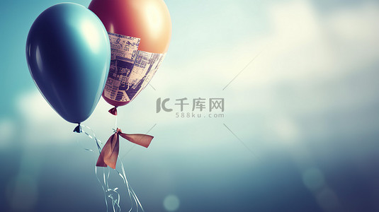 钞票背景图片_用绑在空中漂浮的钞票的 3D 气球概念化货币价值的降低