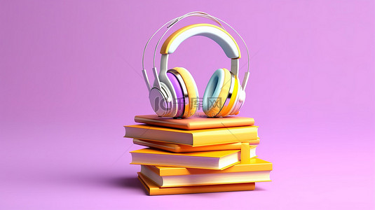 音乐主题背景图片_有声读物主题的 3D 渲染耳机位于柔和的紫色背景上的一堆书顶上