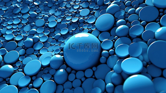 蓝色圆形形状和 3D 渲染纹理蓝色球体的集合