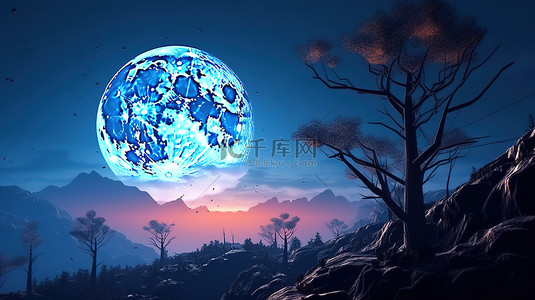 令人毛骨悚然的万圣节景观 3D 插图，满月山和蓝天上的树木
