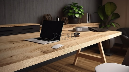 在 3D 渲染中的木质纹理办公桌上的办公场景笔记本电脑