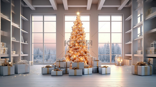 新年礼物背景图片_闪闪发光的圣诞氛围室内装饰着灯光花环和 3D 渲染的礼物