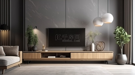 现代客厅 3D 效果图，配有智能电视柜灯和植物