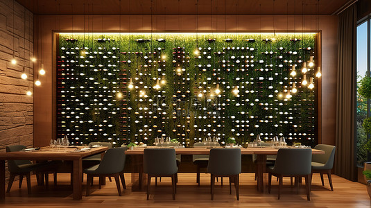 餐厅背景装饰背景图片_现代餐厅的装饰墙，配有带照明灯的玻璃包装瓶和通过 3D 渲染展示的酒瓶冷却器