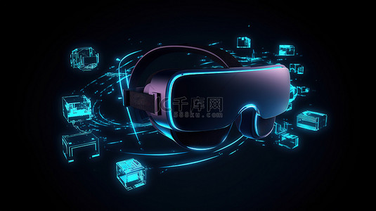 3D 渲染中的流媒体佩戴虚拟现实眼镜，蓝色背景上带有界面和社交媒体图标