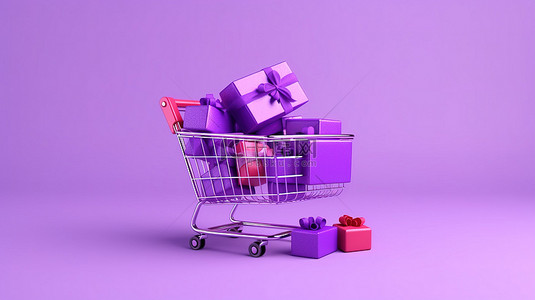 紫色主题购物车中带有礼品盒的闪购促销活动的 3D 渲染