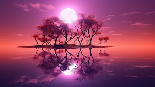 森林中的夜晚背景图片_幽灵般的万圣节之夜 3D 插图，紫色和粉红色的天空，满月反射在背景中的大海和树木上