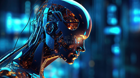 未来派人工智能概念，具有 3D 渲染的机器人或机器人，具有电路镶嵌大脑