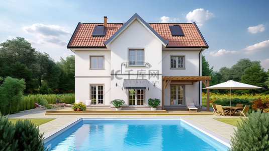 传统风格背景图片_带游泳池的传统风格住宅逼真的 3D 渲染