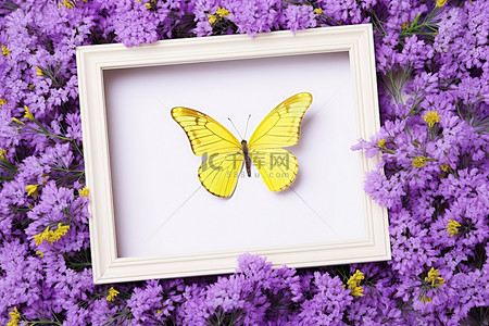 紫色花朵上的相框，前面有一只黄色蝴蝶