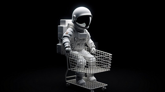带有 3D 渲染购物车图标的宇航员插画设计