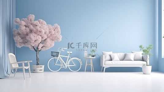 蓝色花田背景图片_梦幻蓝色客厅中的自行车，配有逼真的花和云 3D 渲染