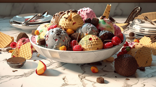 冰淇淋菜單背景图片_冰淇淋喜悦 3d 渲染以饼干和水果浇头为特色