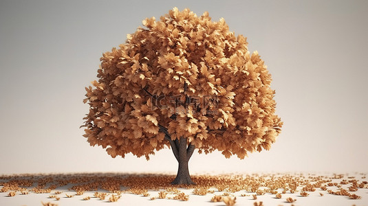 大自然的秋季主题 3D 渲染一棵有棕色叶子的树的插图