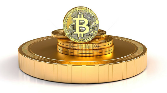 金钱图标背景图片_白色背景上 3D 隔离的圆形讲台，带有比特币美元和欧元图标