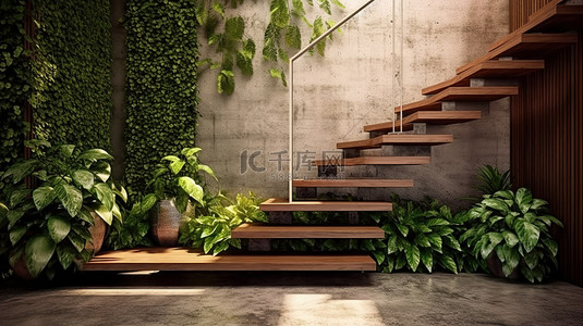 绿色的墙背景图片_当代木楼梯的 3D 插图，下面有微型花园