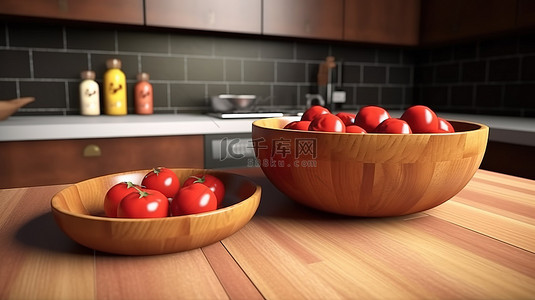 3D 渲染中配有木质台面番茄和木碗的厨房场景