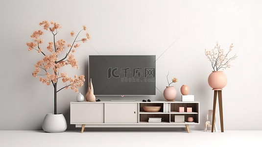 家庭背景图片_电视柜上的花卉家居装饰样机 3D 渲染白色背景插图