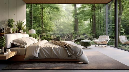卧室房间背景背景图片_当代卧室的 3D 渲染，配有白色床和自然和森林全景