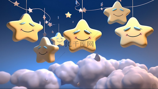 卡通睡觉的孩子背景图片_3d 渲染可爱欢快的星星和欢快的云彩