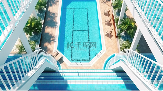 水背景图片_带楼梯的游泳池的 3D 渲染非常适合暑假顶视图