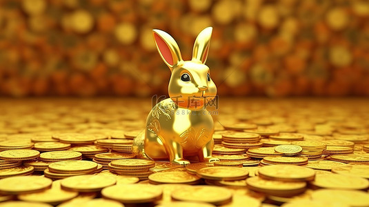 元宵节背景背景图片_金兔和中国货币 3D 渲染的促销概念