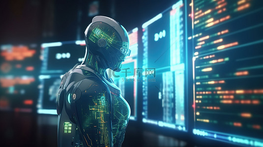 科技人工智能背景图片_3D 渲染机器人结合金融技术概念分析股市
