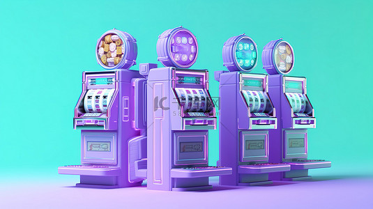 卡通风格 3D 渲染绿松石背景与丁香老虎机，用于在线赌场赌博概念设计