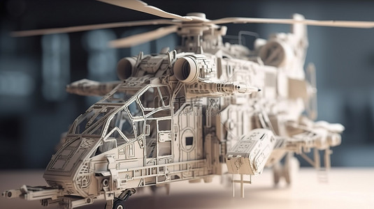 3D 纸艺术风格的空中战斗机武装直升机战斗渲染设计
