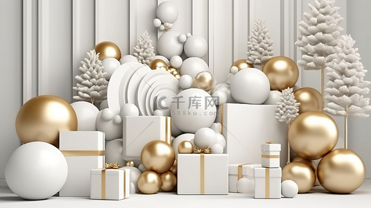 白色和金色讲台的当代喜悦 3D 插图，配有节日圣诞树礼品气球和新年背景