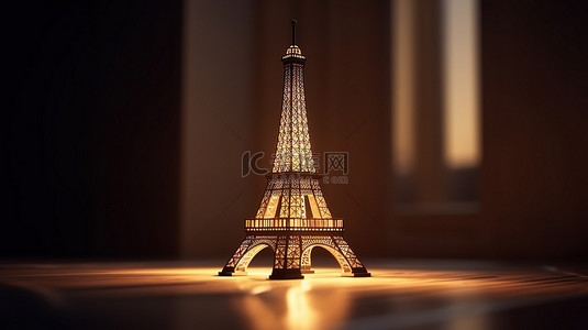 照明埃菲尔铁塔模型在 3D 渲染中设置在暗墙上