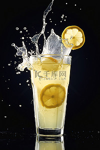 一杯柠檬水，装在溅有液体的玻璃杯中