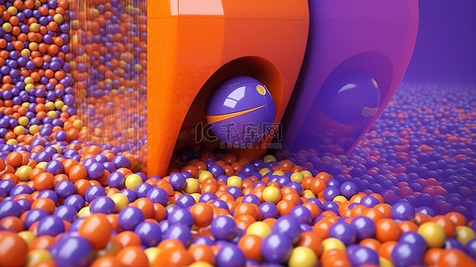 紫色背景上被现金和彩虹色球包围的 3d 橙色 atm