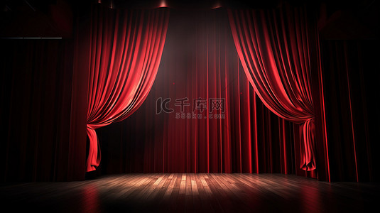 娱乐背景背景背景图片_带有红色窗帘和 3D 渲染聚光灯的醒目的节日夜海报