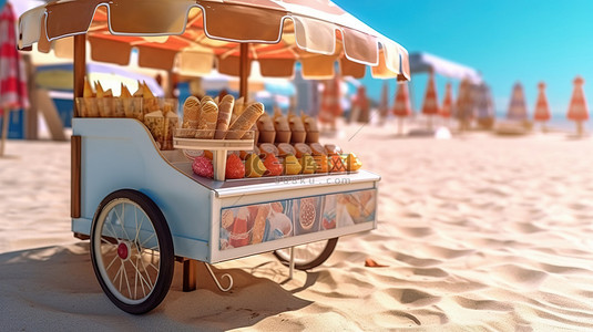 海洋市场背景图片_阳光明媚的海滩上冰淇淋车的特写视图 3D 渲染图像