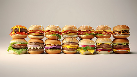 浅色背景下大量汉堡的真实 3D 渲染