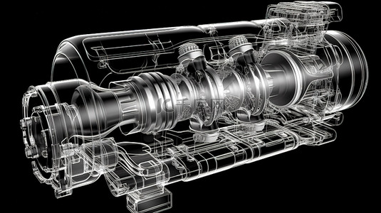 纯黑色背景下 X 射线式内燃机的 3D 插图