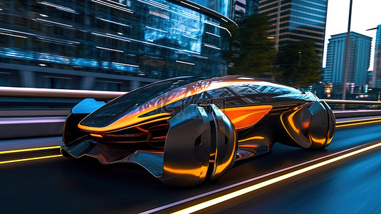 时尚的未来派汽车在虚拟城市中飞驰