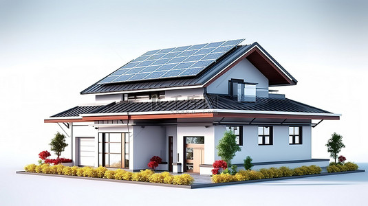 带太阳能电池板的白色背景房子的独立 3D 插图