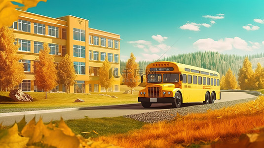 学校建筑背景图片_回到学校令人惊叹的秋季景观和带有 3D 渲染的学校建筑