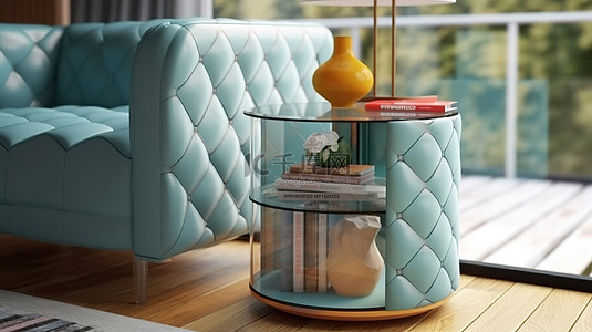 现代客厅 3D 渲染中时尚的绗缝杂志桌，配有玻璃和装饰