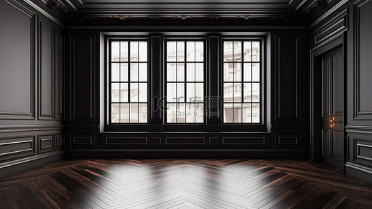 家居背景背景图片_传统而现代的 3d 黑色房间，铺有镶木地板，经典墙板，大窗户和舒适的室内照明
