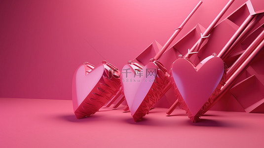 情人节 3D 渲染粉红色背景上抽象粉红色金属心箭
