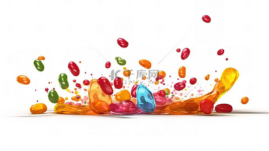 水果背景图片_爆炸性软糖在 3D 白色背景上设置彩色爆裂糖果