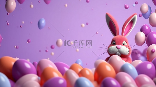 复活节兔子耳朵与浮动复活节彩蛋和复制空间的 3D 插图