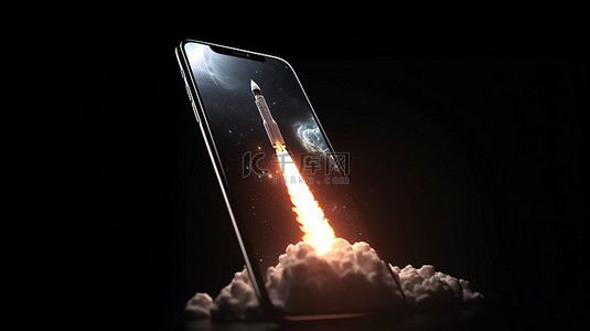 使用 3D 渲染在电话屏幕中展示火箭发射的插图