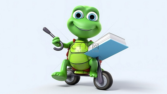 一只滑稽的 3D 乌龟骑着摩托车巡航，同时抓着一个标牌