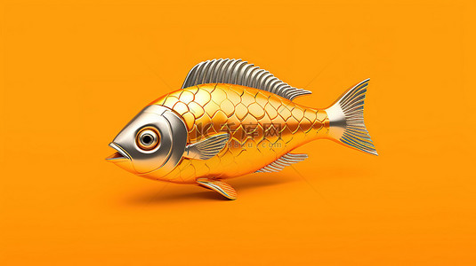 橙色背景与单色 3D 渲染鱼