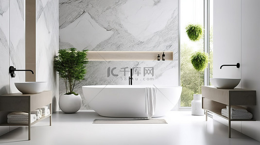 时尚的浴室设计采用简约元素白色马桶和水槽以及令人惊叹的大理石 3D 渲染